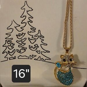 BETSY JOHNSON Gold Tone and Blue Cat Pendant Necklace